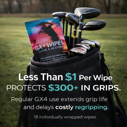 GX4 Microscrub Golf Grip Restore Wipes – 18 Individually Wrapped Dual Texture Microscrub Wipes for Golf Grips. Restores Tack, Removes Sweat & Oils – No Mess, Better Swing Control and Contact
