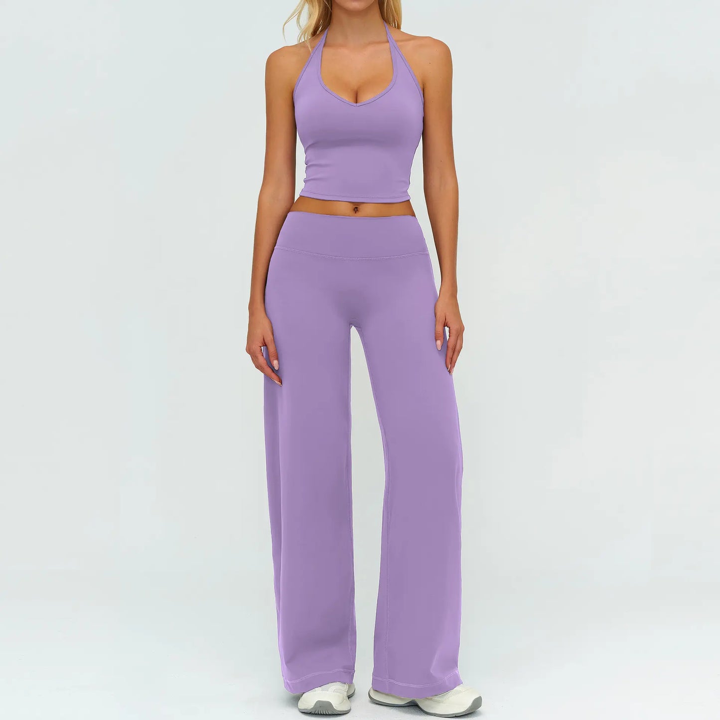 Women'S Fitness Set Two-Piece Strappy Crop Top with Straight-Leg Pants Gym Workout Wear Pilates Set Stylish Strappy V-Neck Top for Outings the Ultimate Choice for Fitness and Casual Wear