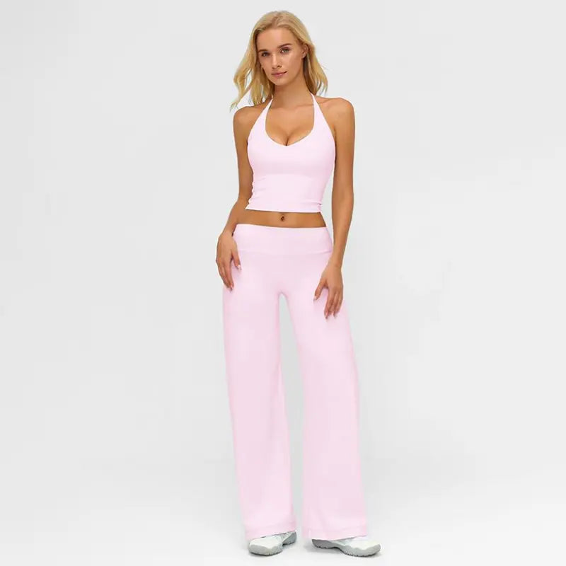 Women'S Fitness Set Two-Piece Strappy Crop Top with Straight-Leg Pants Gym Workout Wear Pilates Set Stylish Strappy V-Neck Top for Outings the Ultimate Choice for Fitness and Casual Wear