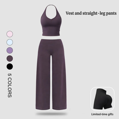 Women'S Fitness Set Two-Piece Strappy Crop Top with Straight-Leg Pants Gym Workout Wear Pilates Set Stylish Strappy V-Neck Top for Outings the Ultimate Choice for Fitness and Casual Wear